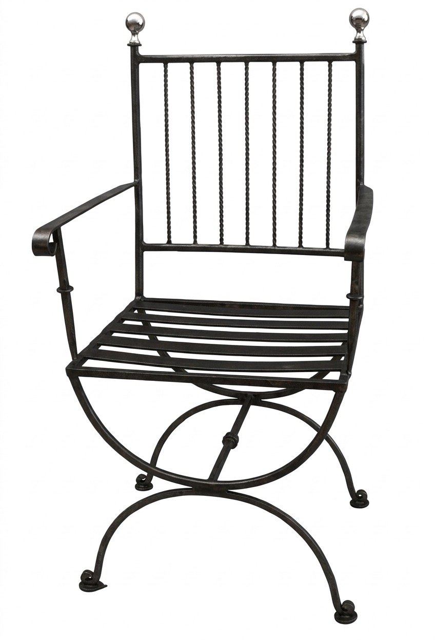 Silla de forja estilo curul con barrotes retorcidos (S214)