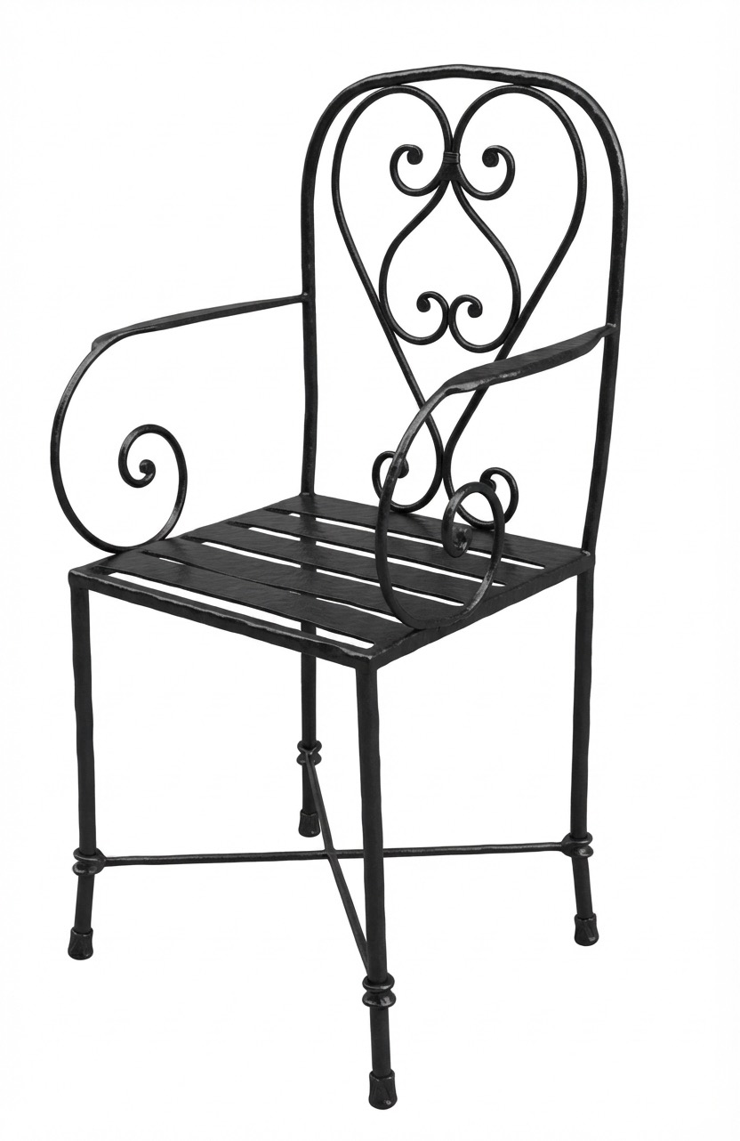 Silla de forja con respaldo de corazón y brazos en espiral (S207)